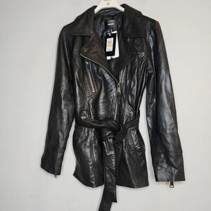 NWT DKNY Genuine Leather Black Belted asymmetrical zip jacket.  Size small. $600